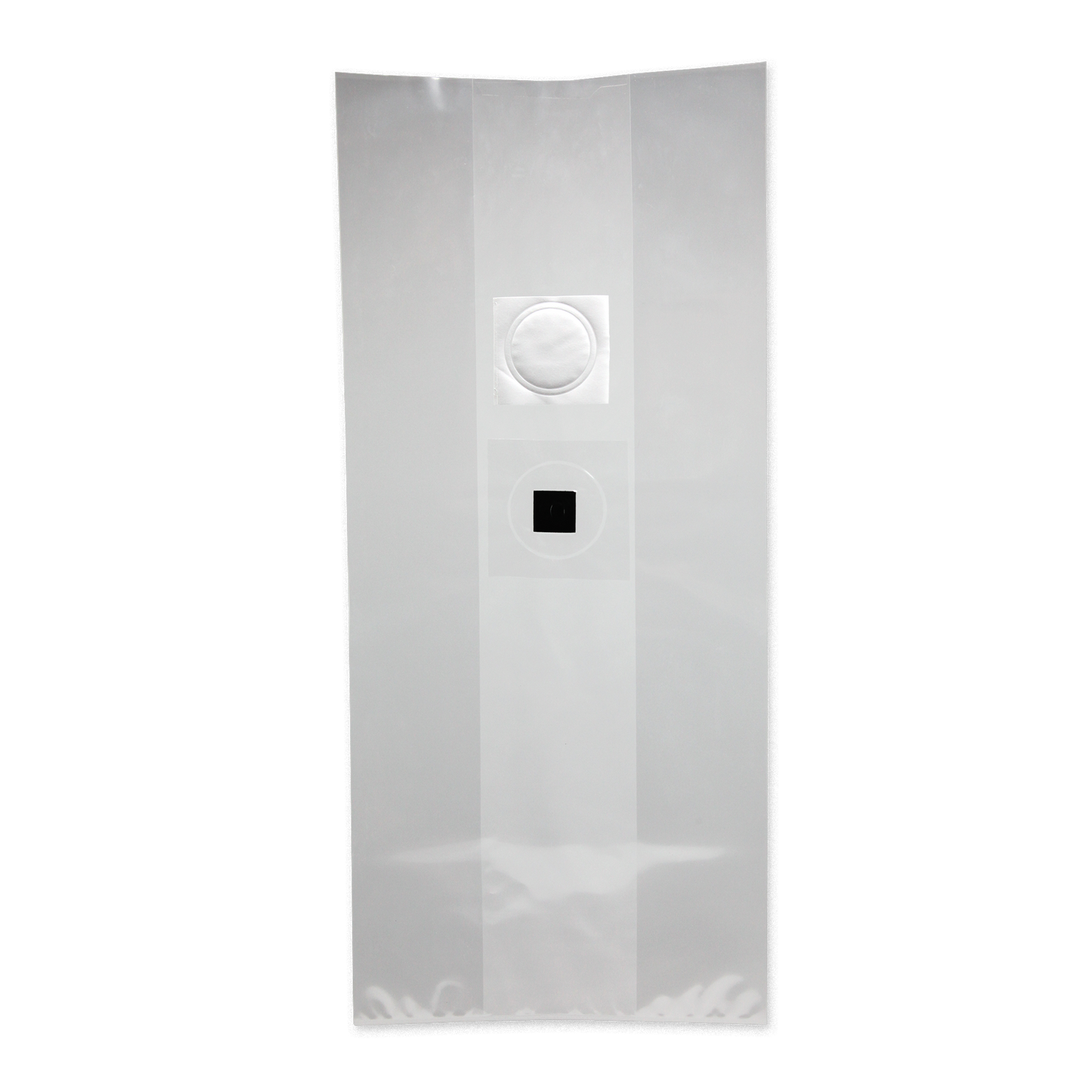 A rectangular clear mushroom grow bag with injection port and filter patch. 