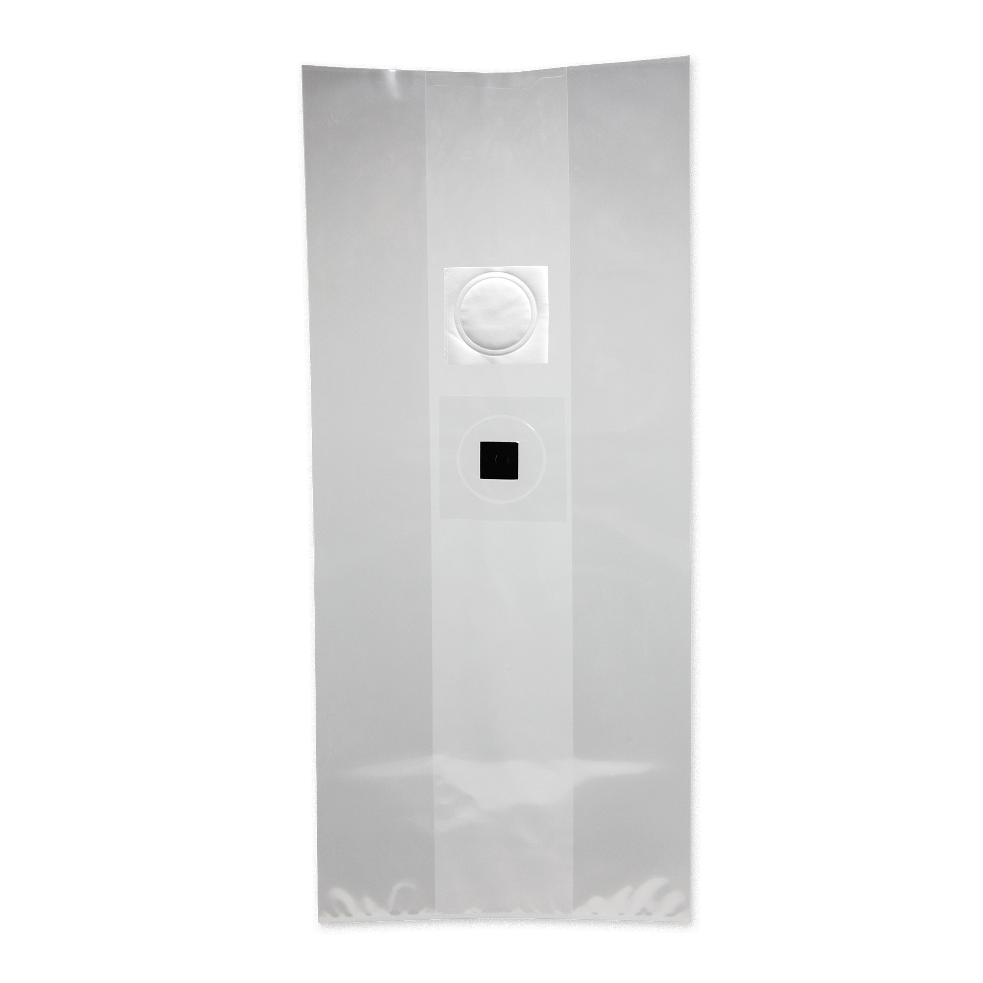 A rectangular clear mushroom grow bag with injection port and filter patch.