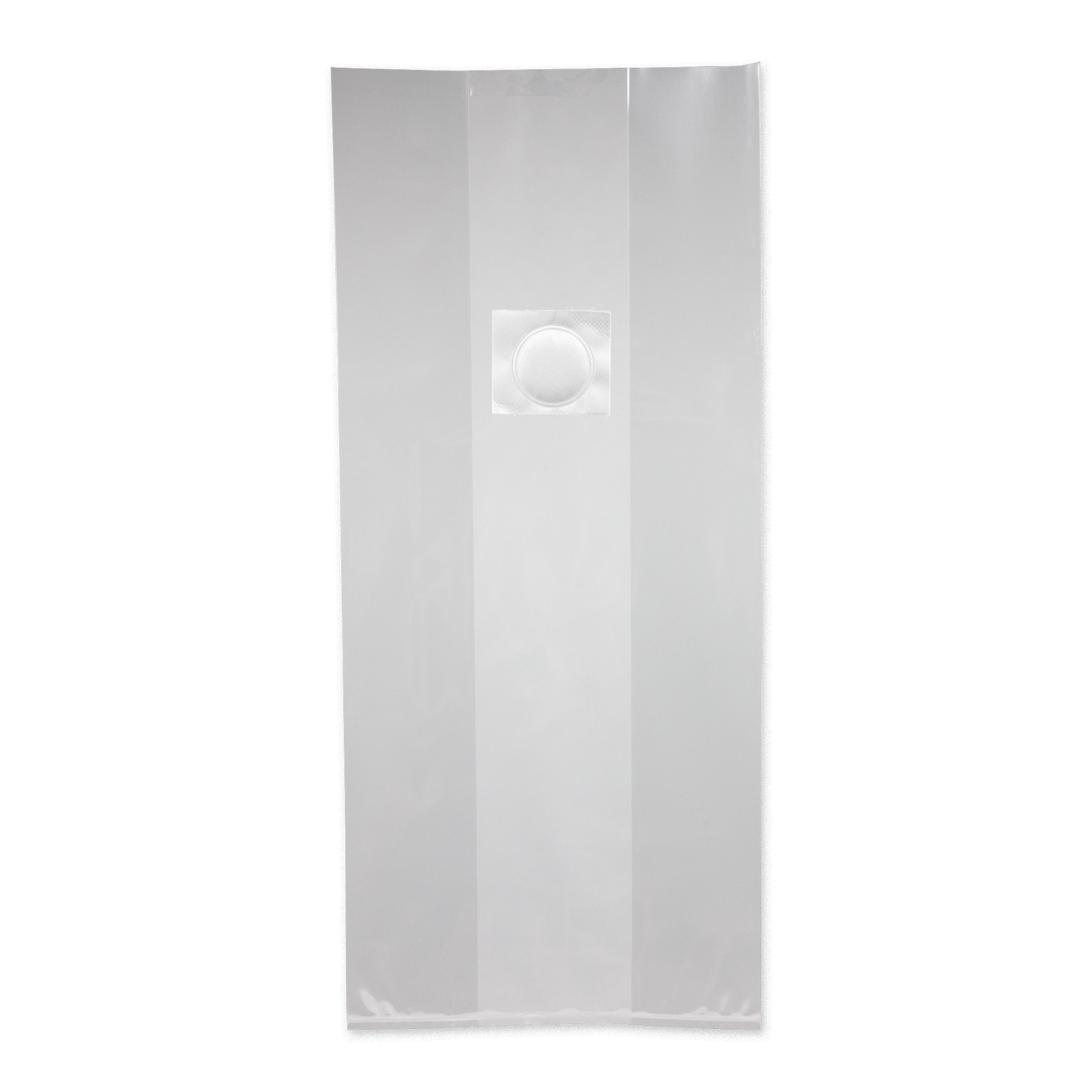 A rectangular clear mushroom grow bag with filter patch. 