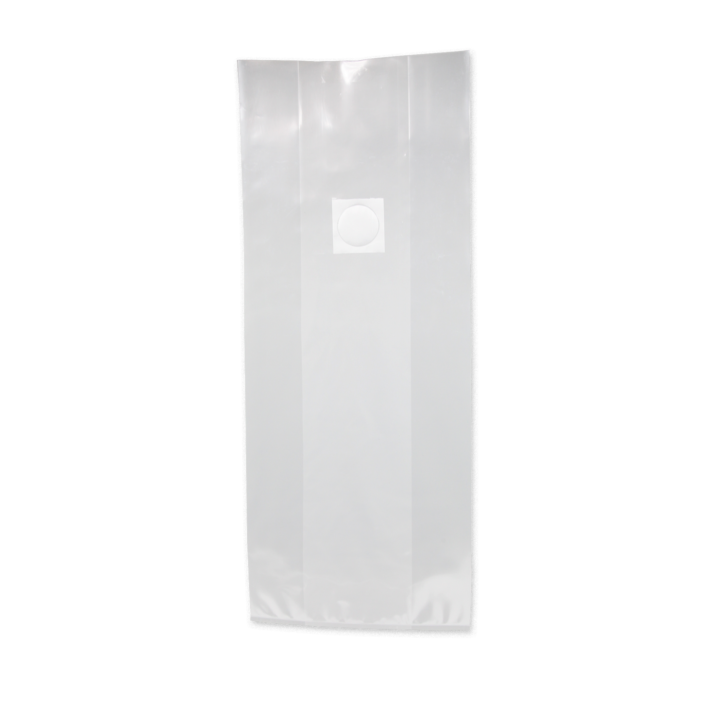 A large rectangular clear mushroom grow bag with filter patch. 