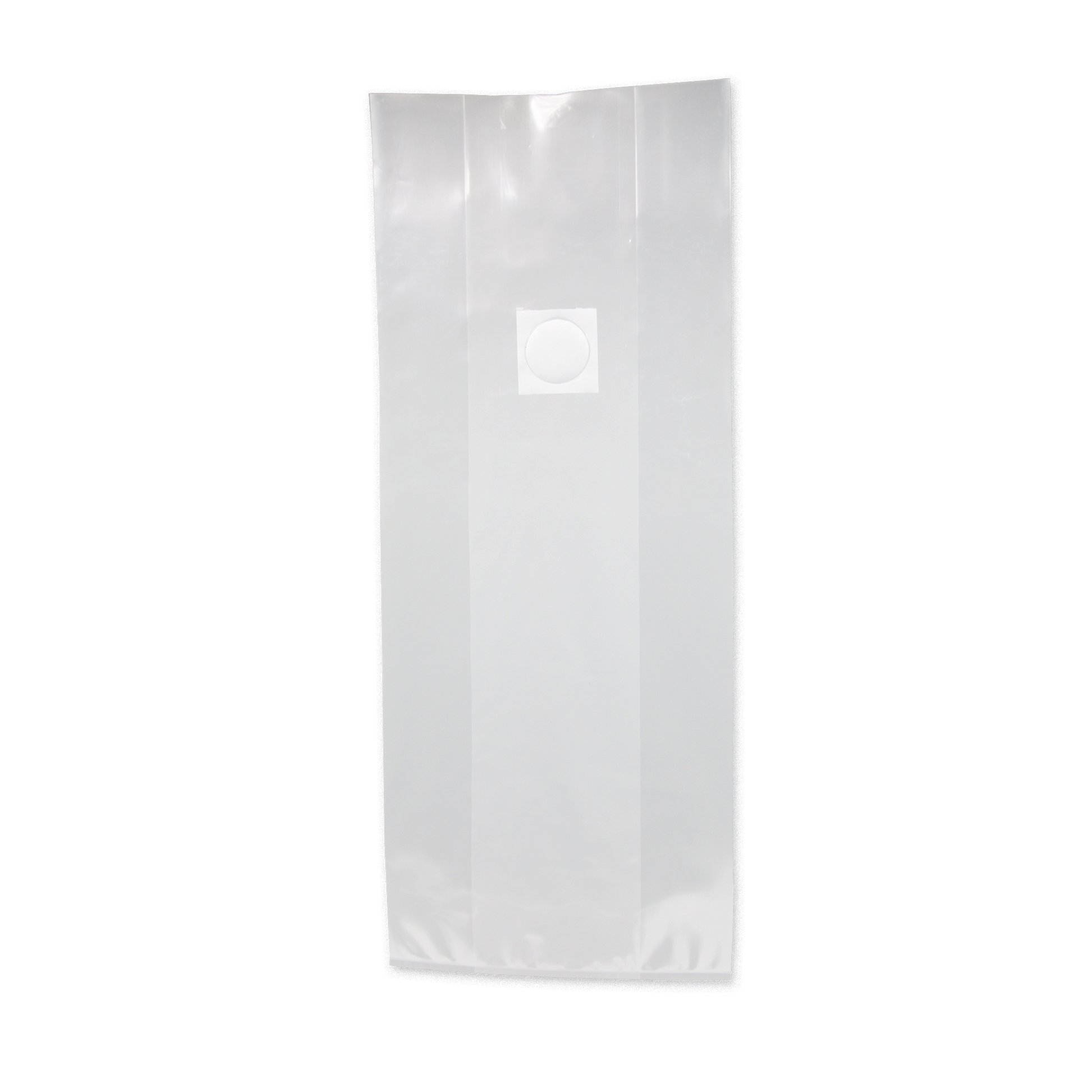 A large rectangular clear mushroom grow bag with filter patch.