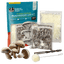 a set of mushroom log kit items and some shiitake mushrooms - wax and mushroom plug spawn are sealed in bags, and a drill bit and wool dauber for wax in the foreground. 