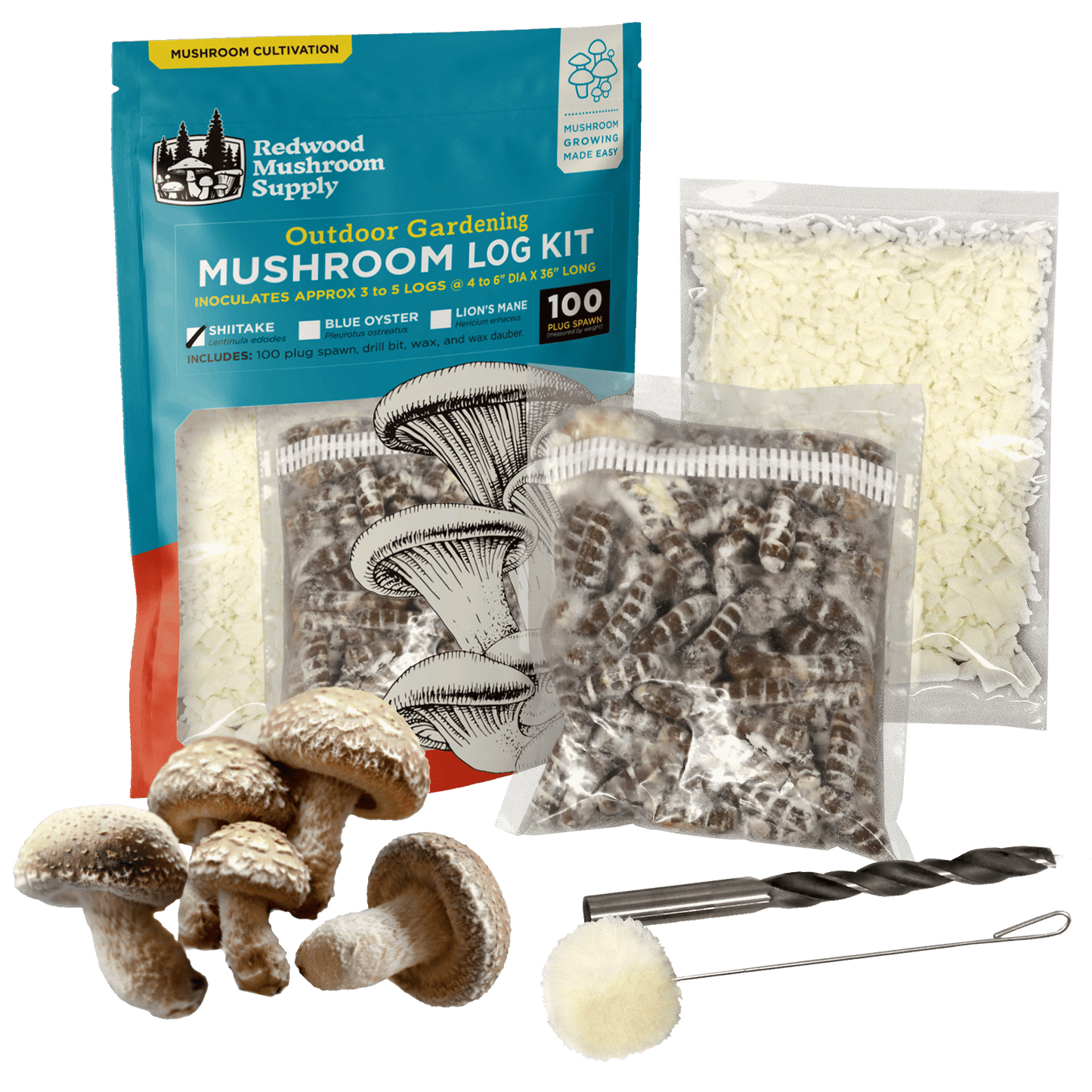 a set of mushroom log kit items and some shiitake mushrooms - wax and mushroom plug spawn are sealed in bags, and a drill bit and wool dauber for wax in the foreground. 