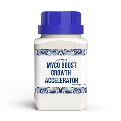 A white bottle of Silly Myco Myco Boost Growth Accelerator powder with a blue lid and decorative label.