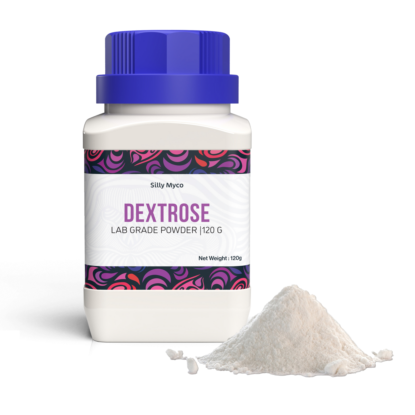 A white plastic bottle with a blue cap labeled 'Silly Myco DEXTROSE LAB GRADE POWDER' next to a mound of fine, white powder on a white background.