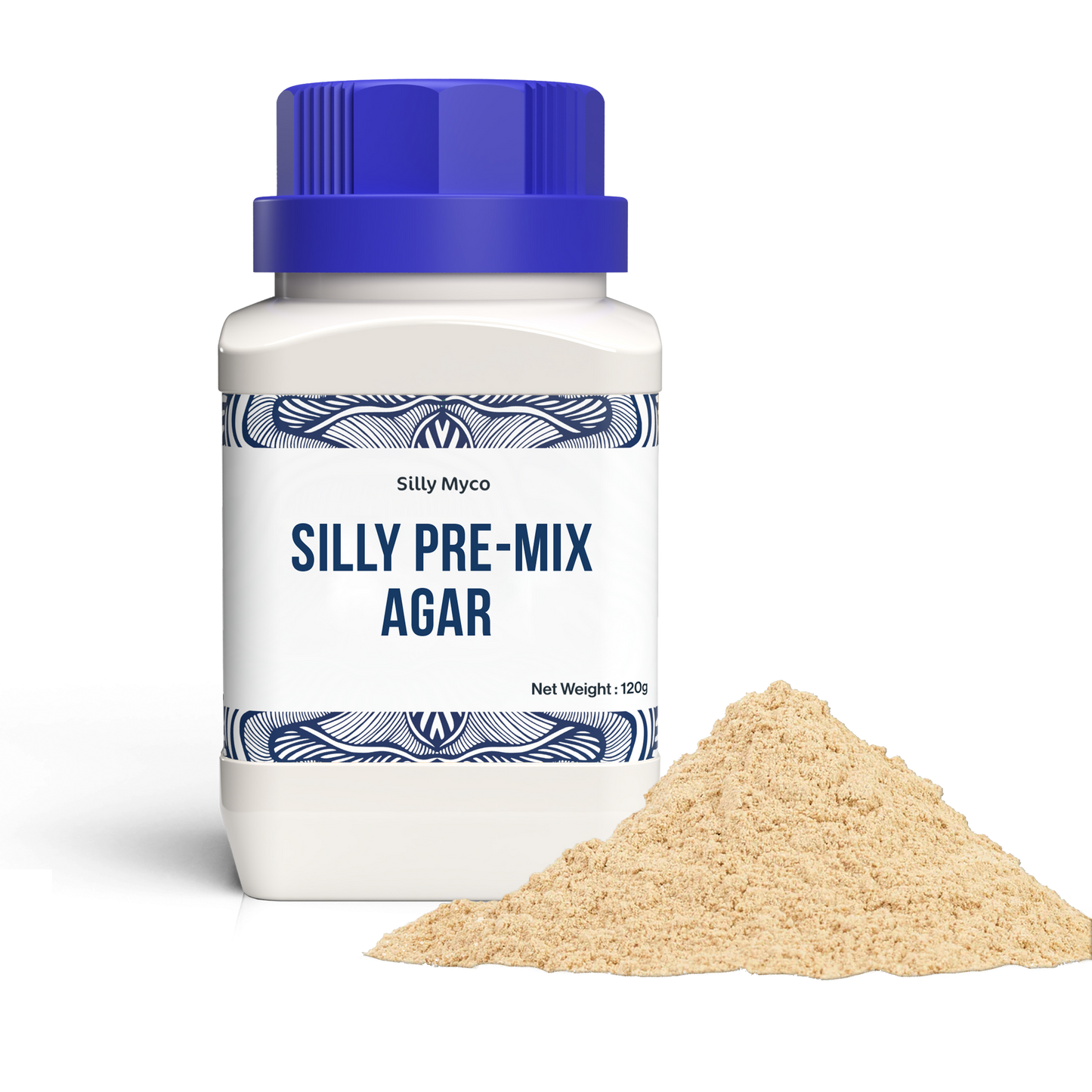 A white bottle of Silly Myco Agar Agar powder with a blue lid beside an off-white pile of the agar agar powder contained in the bottle.