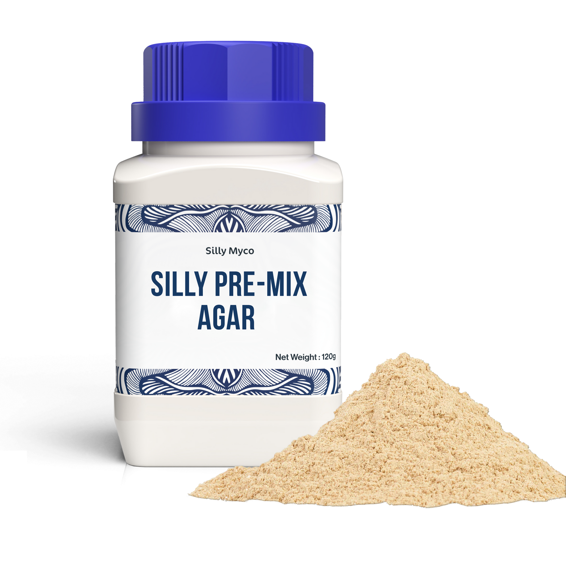 A white bottle of Silly Myco Agar Agar powder with a blue lid beside an off-white pile of the agar agar powder contained in the bottle.