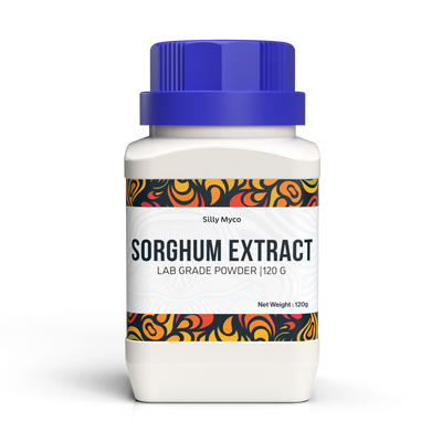 A white bottle of Silly Myco Sorghum Extract powder with a blue lid and decorative label. 