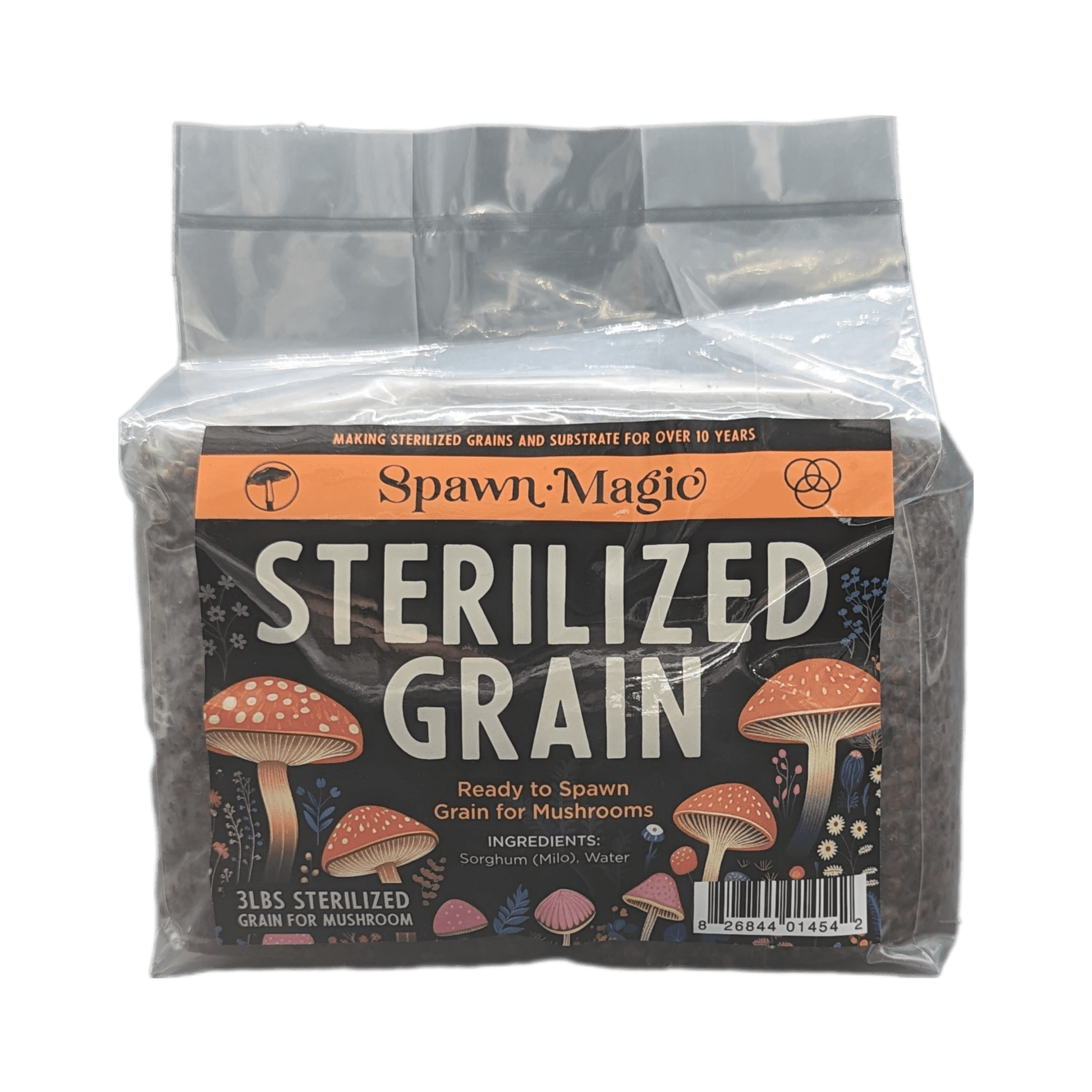 Front view of a 3-pound Spawn Magic Sterilized Grain bag, detailed label showing ingredients for mushroom cultivation.