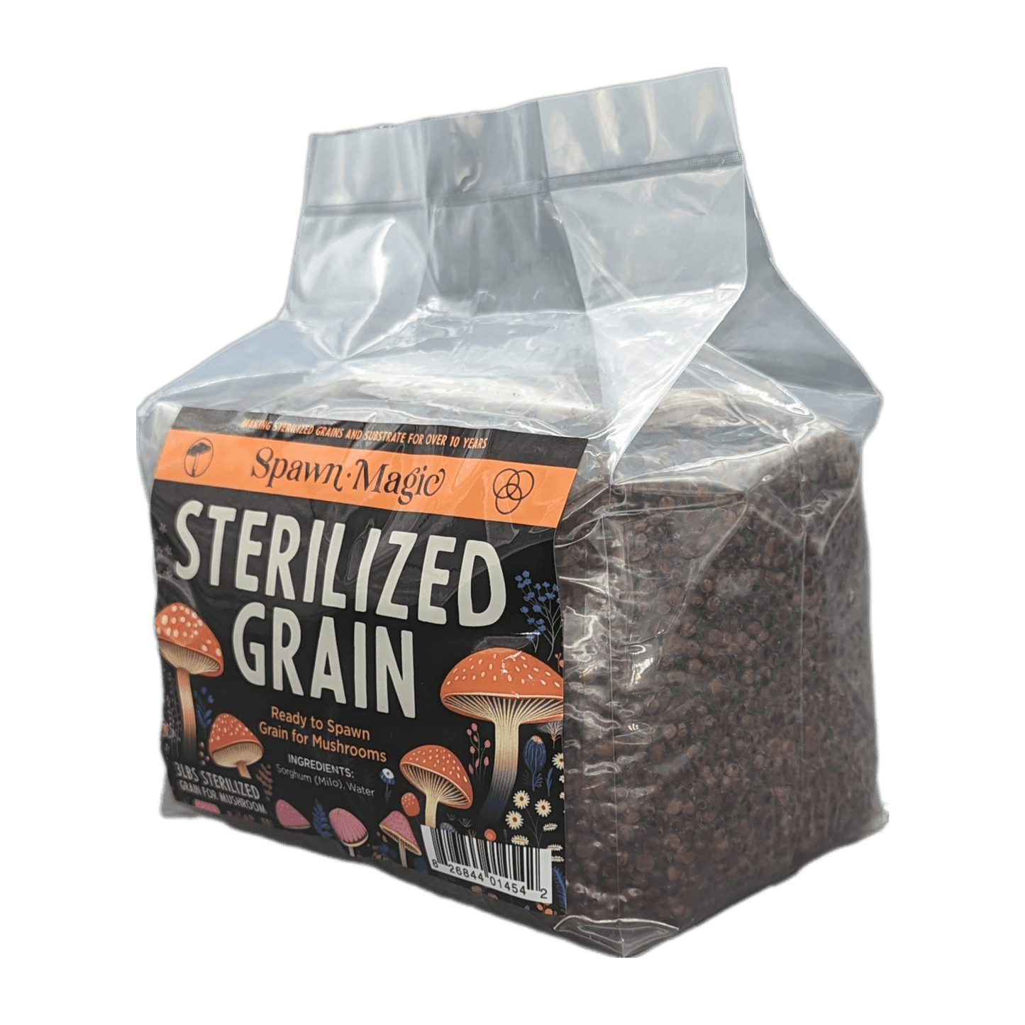 Angled view of a 3-pound Spawn Magic Sterilized Grain bag, clearly showing the texture of the grain inside the transparent packaging.