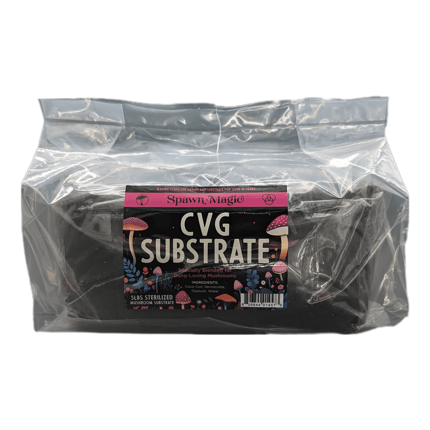 Front view of a 5-pound Spawn Magic CVG Substrate bag, featuring label with ingredients specifically blended for dung-loving mushrooms.