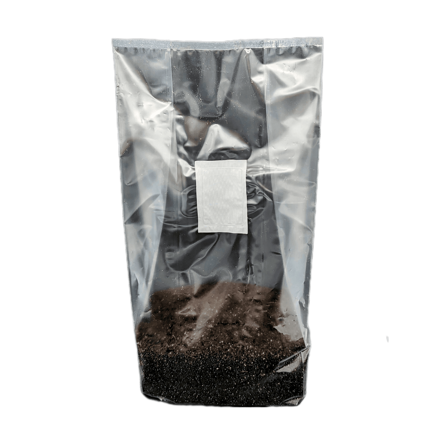 Tall standing bag of 5 pounds Spawn Magic CVG Substrate, clear front patch showing the soil-like substrate, isolated on a transparent background.