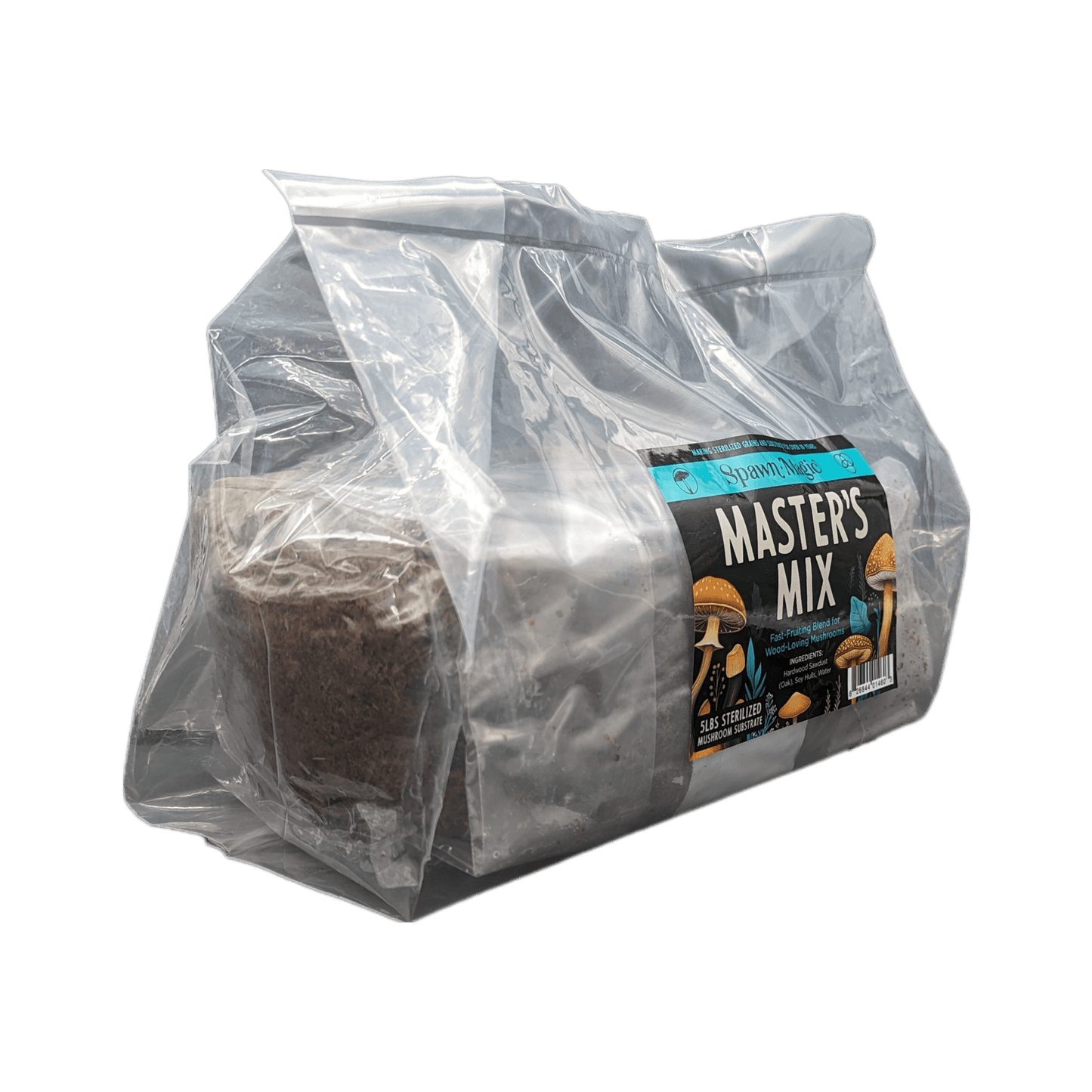 Angled view of a 5-pound Spawn Magic Master's Mix bag, showing the wood-based substrate mix through transparent packaging.