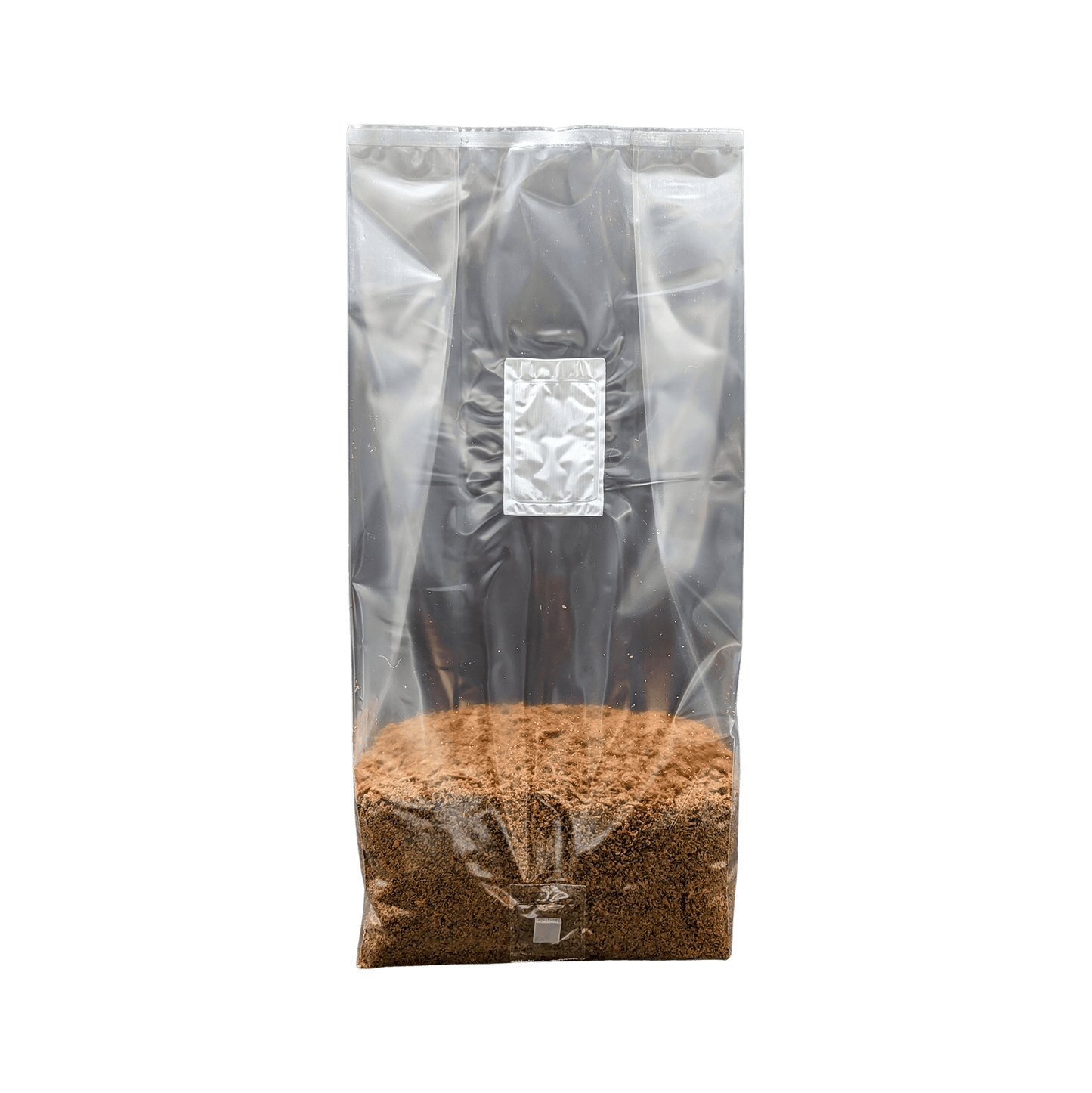 Tall standing bag of 5 pounds Spawn Magic Master's Mix, clear view of brown wood-based substrate at the bottom, isolated on a transparent background.