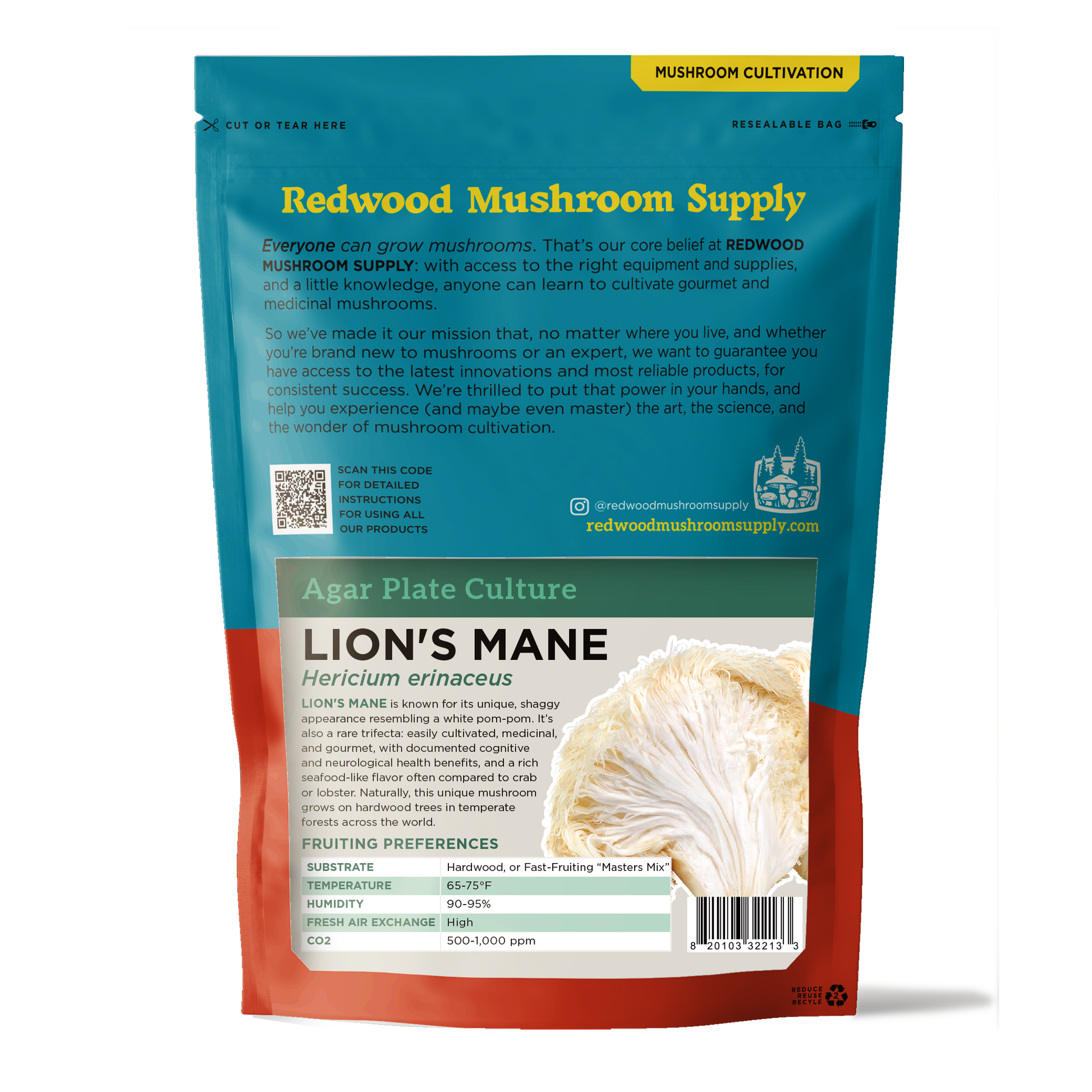 The reverse side of the redwood mushroom supply retail packaging for the lion's mane plate culture. There is a company mission statement, scannable QR code, and clear window at the bottom with information on growing lion's mane mushrooms