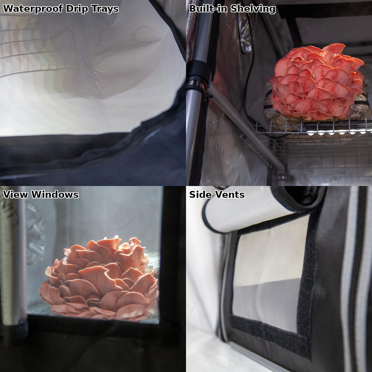 A grid image indicating the key features of the cloudlab mini mushroom grow tent